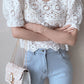 Puff Sleeve Hollow Out Lace Cropped Shirt