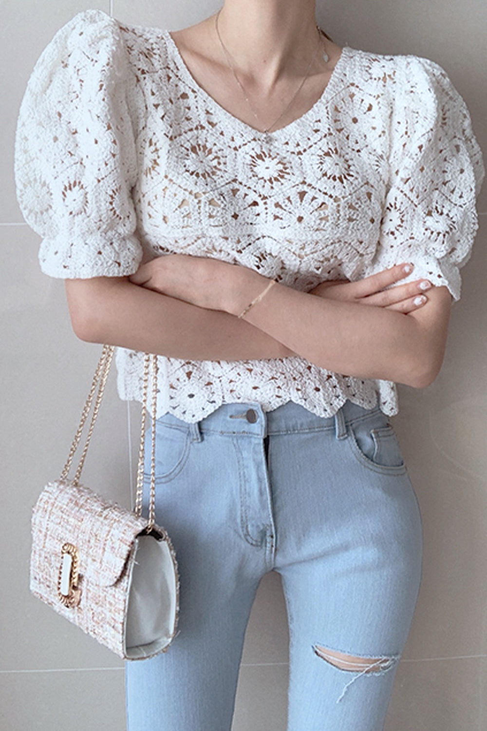 Puff Sleeve Hollow Out Lace Cropped Shirt