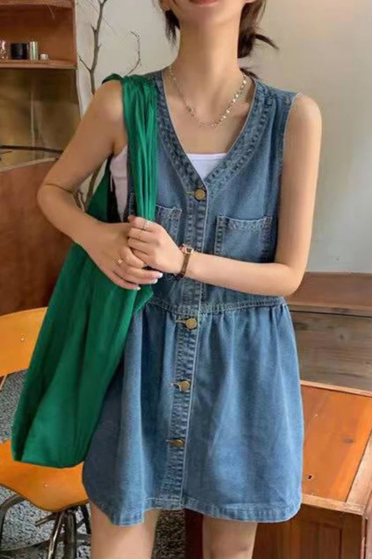 Sleeveless Strap A-Line Mini Denim Dress