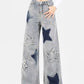 High Waist Stars Embroidered Long Washed Jeans