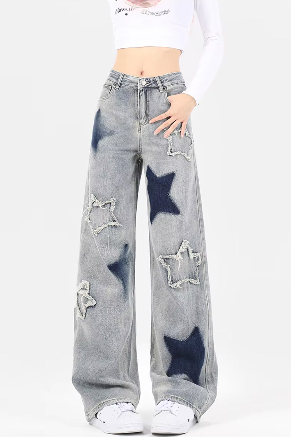 High Waist Stars Embroidered Long Washed Jeans