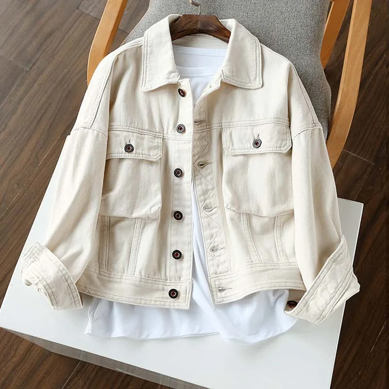 Loose Casual Beige Denim Jeans Jacket