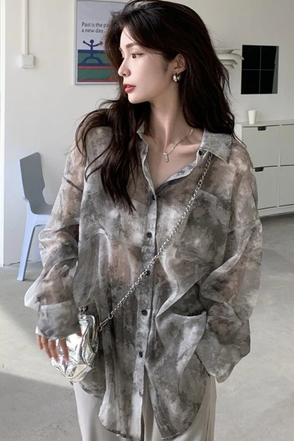 Grey Tie Dye Pattern Semi Transparent Blouse Shirt