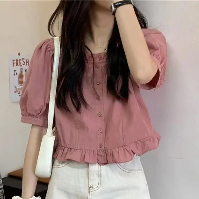 Puff Sleeve Sweet Ruffles Cropped Shirts