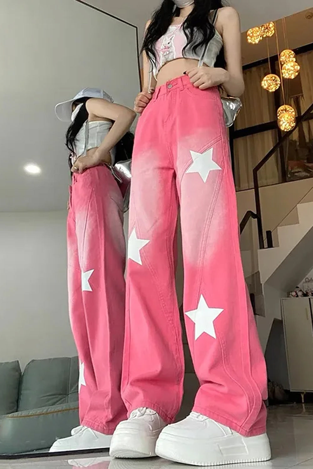 High Waist Stars Pattern Long Pink Jeans