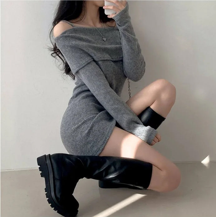 Sexy Off Shoulder Knitted Slim Mini Dress