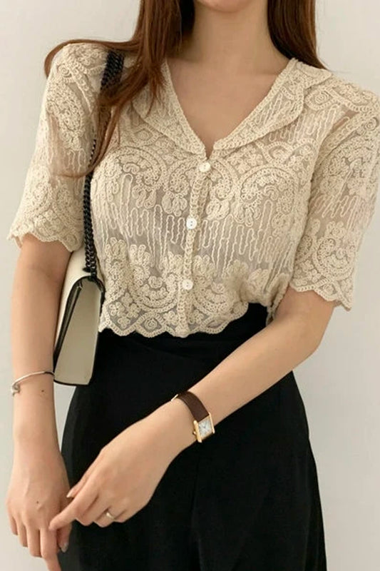 Short Sleeve Notched Style Lace Embroidered Shirt