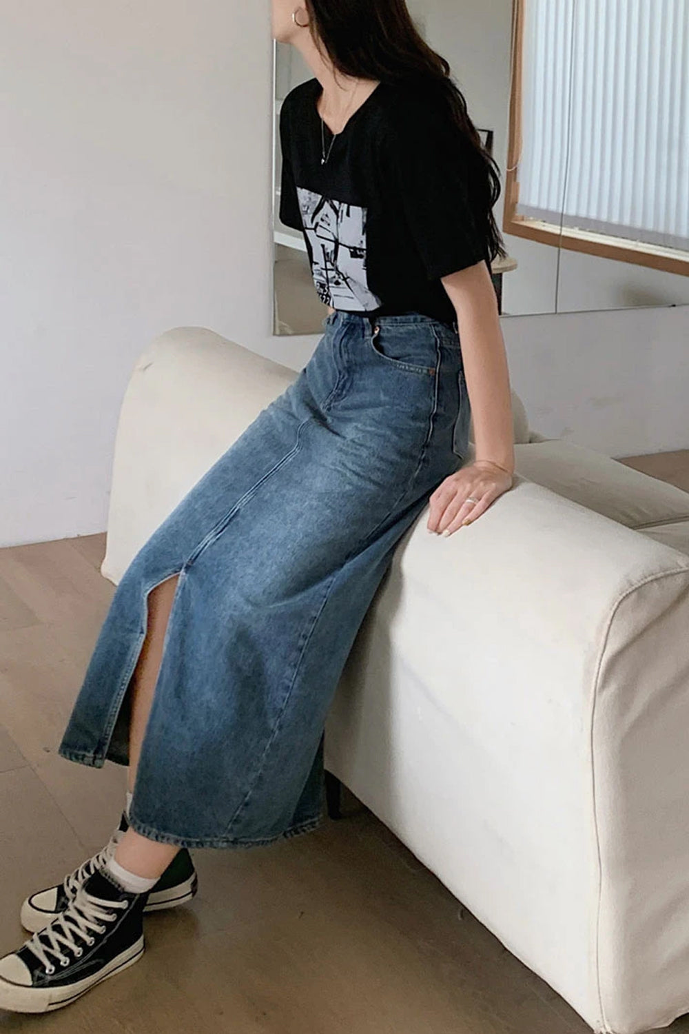 High Waist Retro Split A-Line Denim Skirts