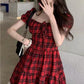 Puff Sleeve Cute Red Plaid Dress