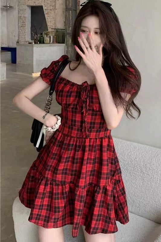 Puff Sleeve Cute Red Plaid Dress