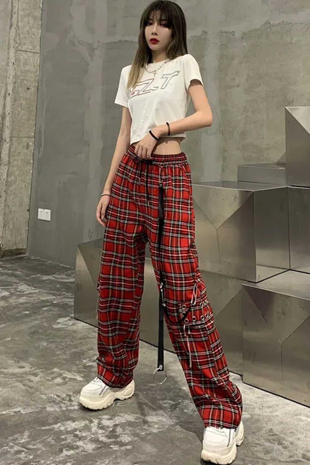 High Waist Red Plaid Hip Hop Pants