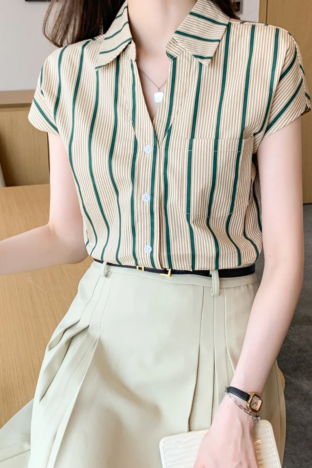 Striped Pattern Sleeveless Office Blouse Shirt