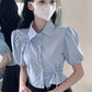 Puff Sleeve Bow Tie Cropped Shirt