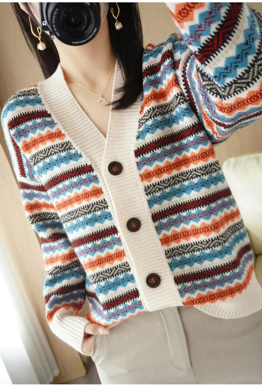 Long Sleeve V-Neck Retro Striped Cardigan Sweater