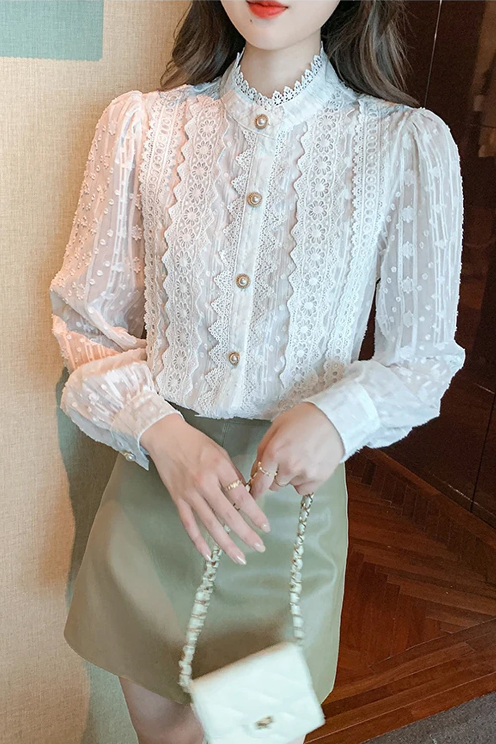 Long Sleeve High Collar Lace Blouse Shirt