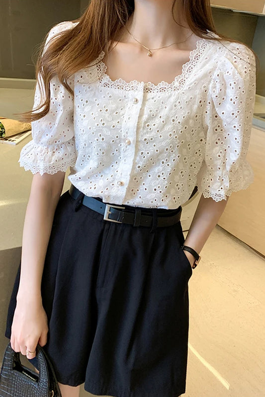 Puff Sleeve Square Collar Lace Blouse Shirts