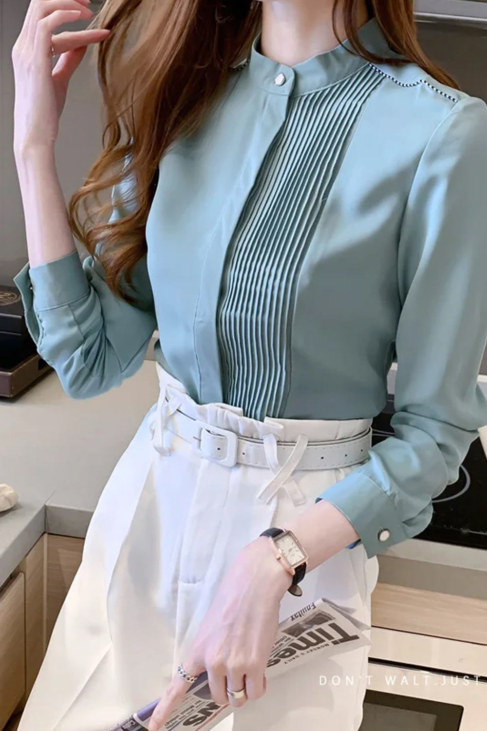 Long Sleeve High Neck Irregular Blouse Shirt