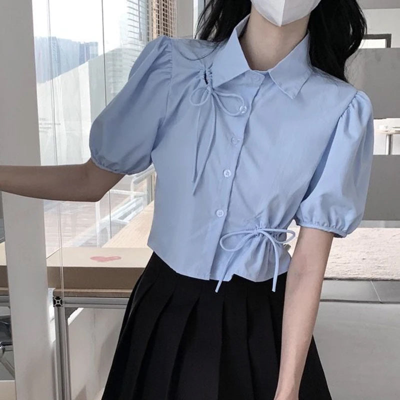 Puff Sleeve Drawstring Tie Blouse Shirt