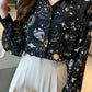 Long Sleeve Planets Printed Office Blouse Shirt