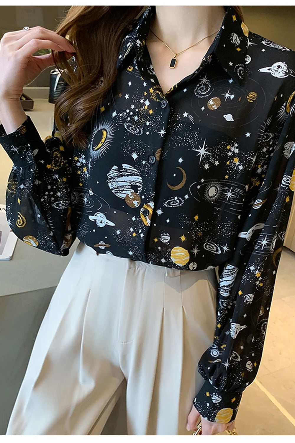 Long Sleeve Planets Printed Office Blouse Shirt