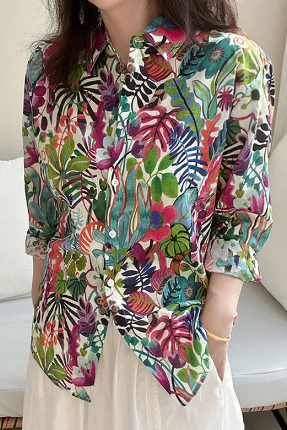 Long Sleeve Colorful Flowers Pattern Blouse Shirts