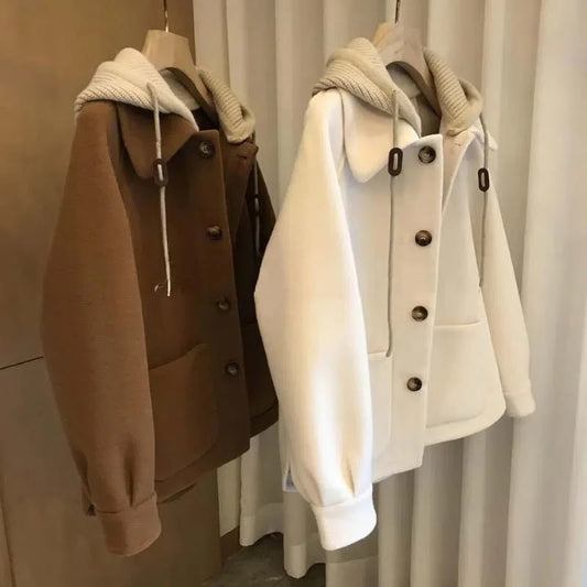 Hooded Stitching Woolen Coat