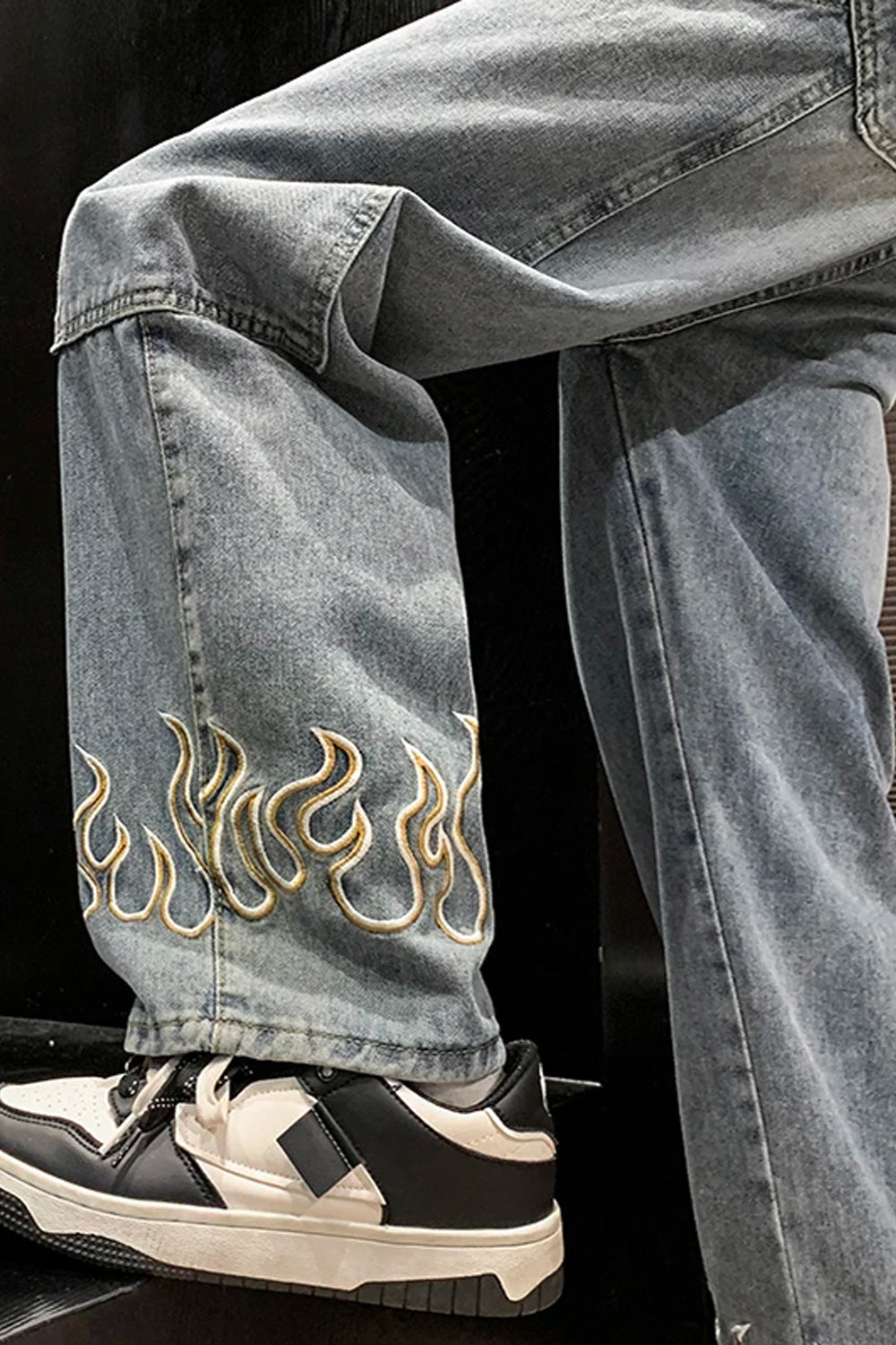 Flame Embroidered Hip Hop Men Jeans Pants