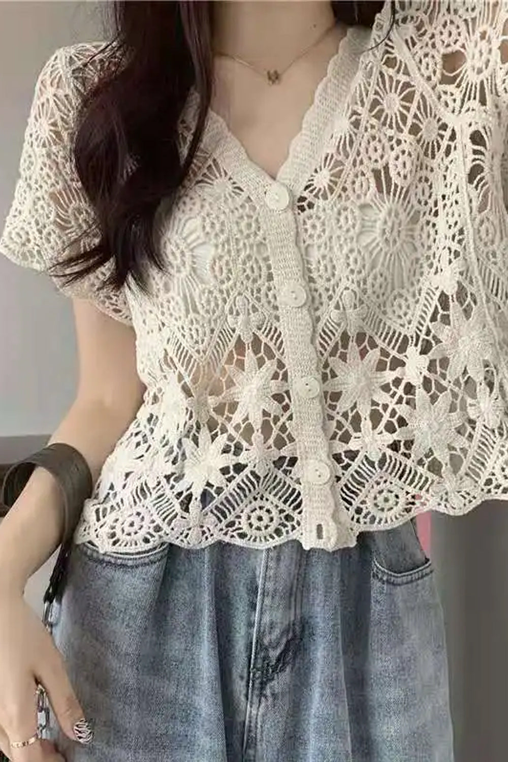 Sexy V-Neck Knitted Embroidered Lace Shirt