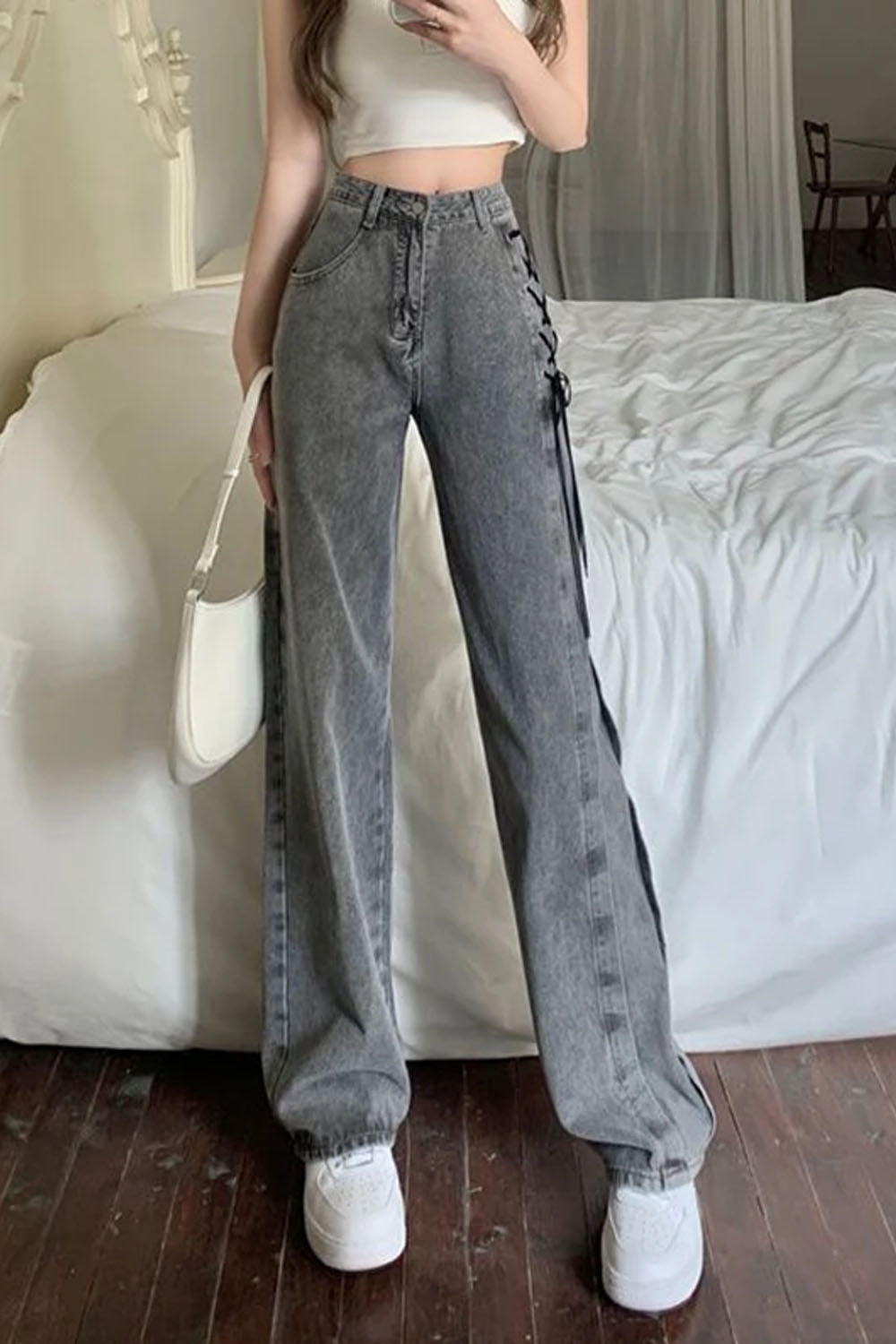 High Waist Side Lace Tie Grey Jeans Pants