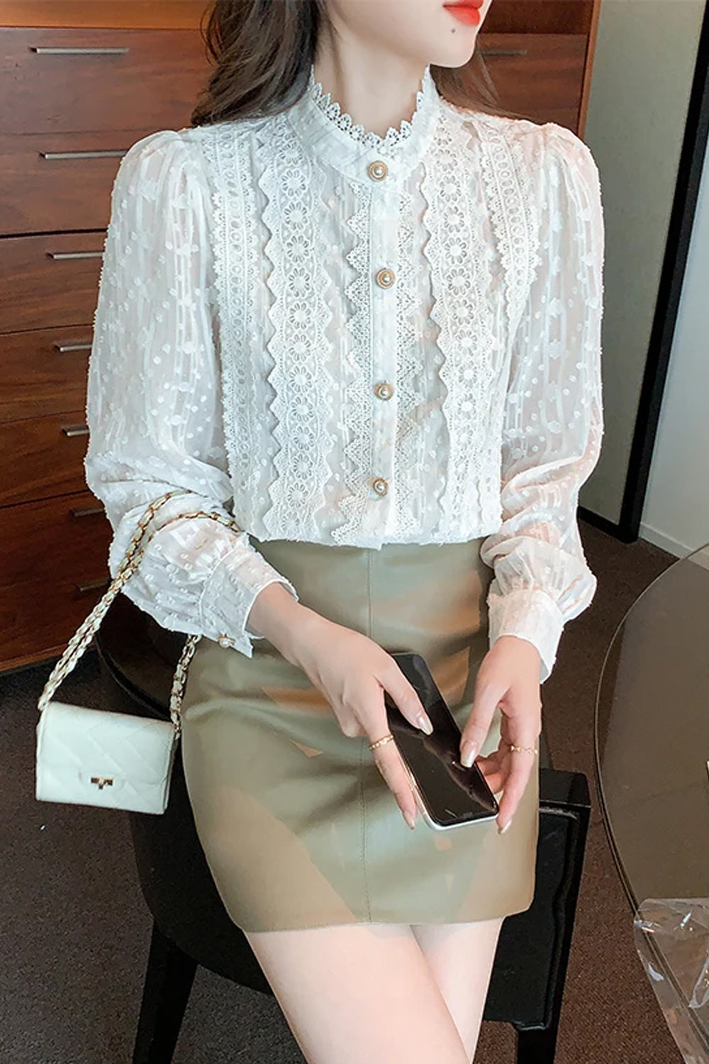 Long Sleeve High Collar Lace Blouse Shirt