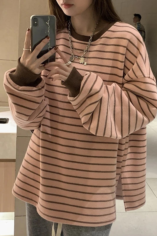 Long Sleeve Casual Pink Striped Sweatshirt