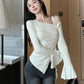 Long Sleeve Off Shoulder Lace Drawstring Shirt