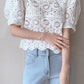 Puff Sleeve Hollow Out Lace Cropped Shirt