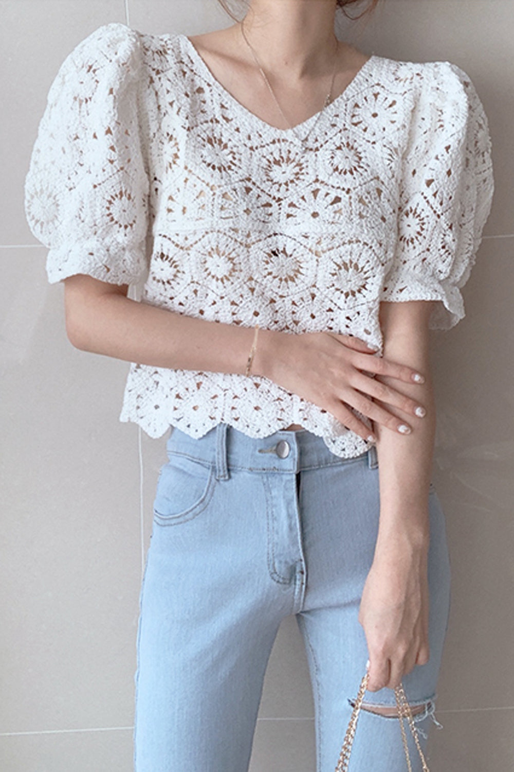 Puff Sleeve Hollow Out Lace Cropped Shirt