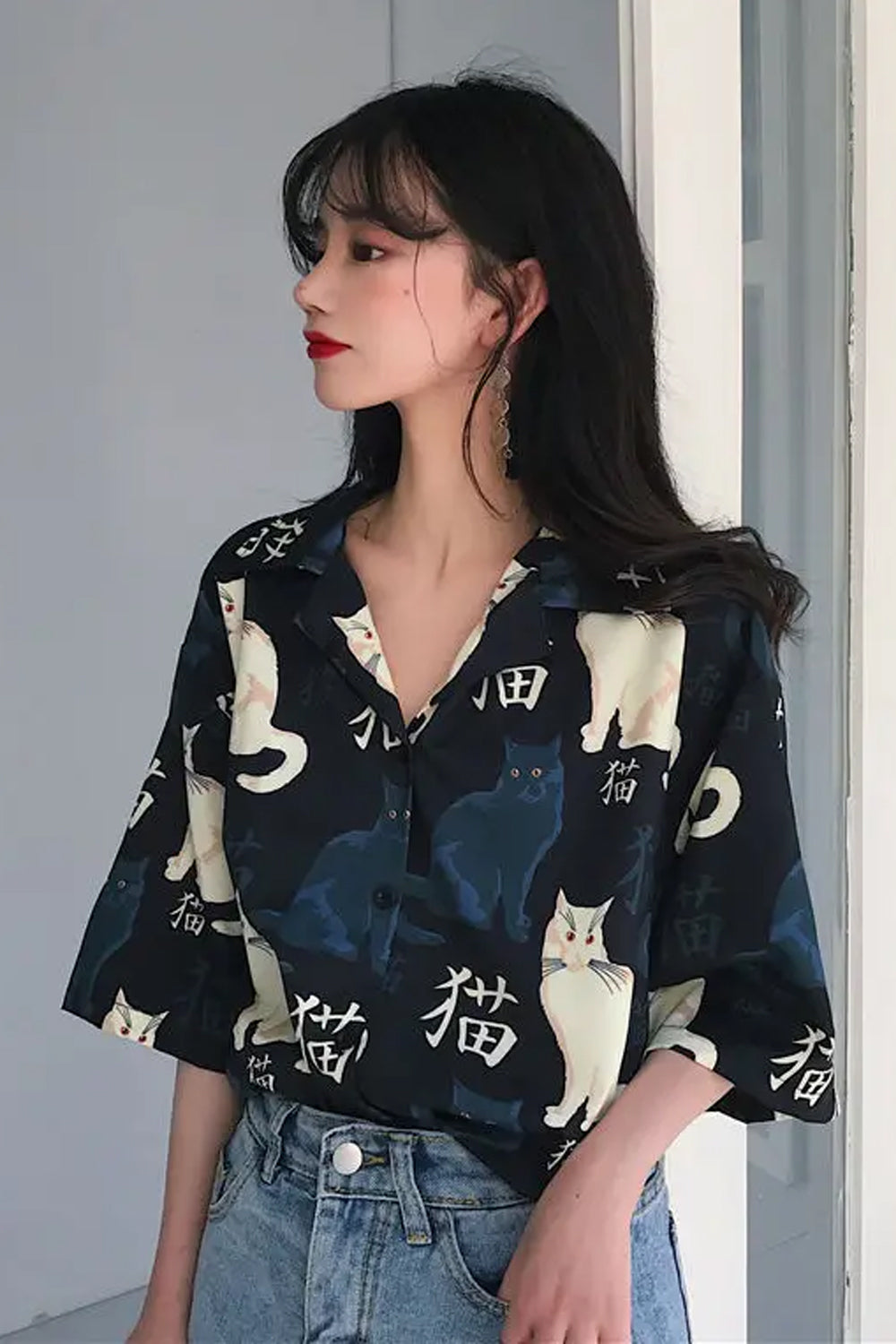 Short Sleeve Cute Cat Hawaiian Blouse Shirts