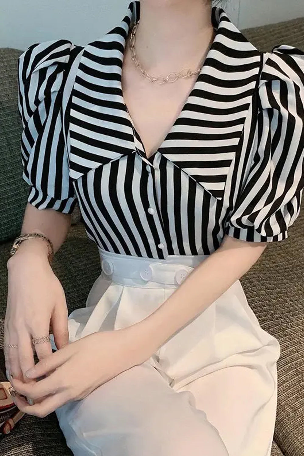 Puff Sleeve Cute Bow Collar Striped Office Blouse Shirts