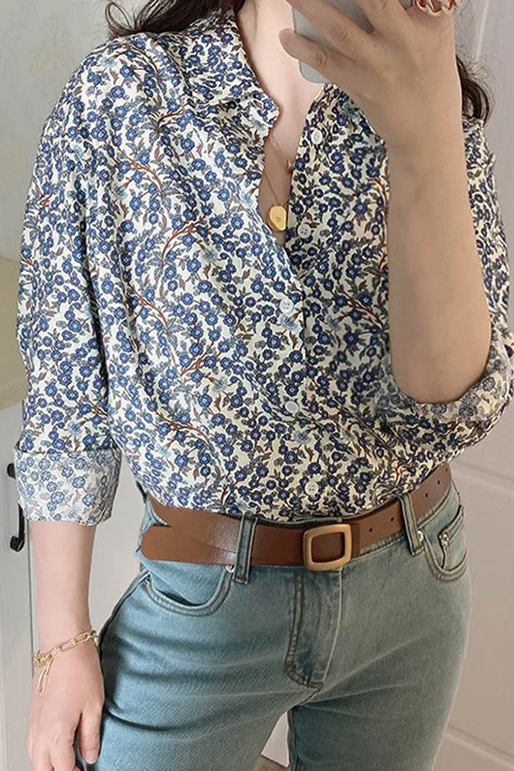 Long Sleeve Blue Florals Pattern Blouse Shirts