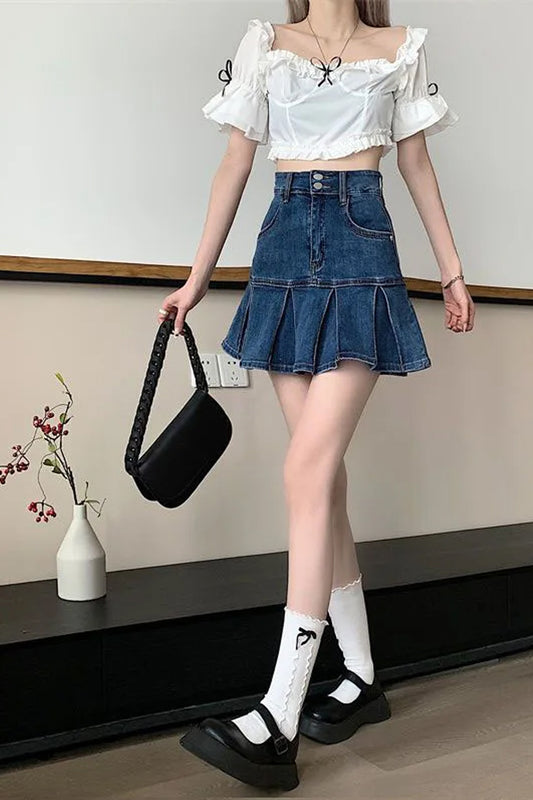 High Waist Ruffle Pleated Mini Denim Skirts