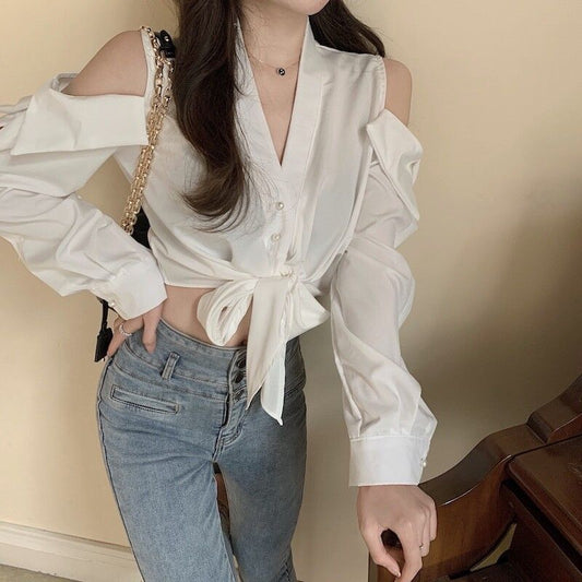 Long Sleeve Sexy Off Shoulder V-Neck Cropped Shirts