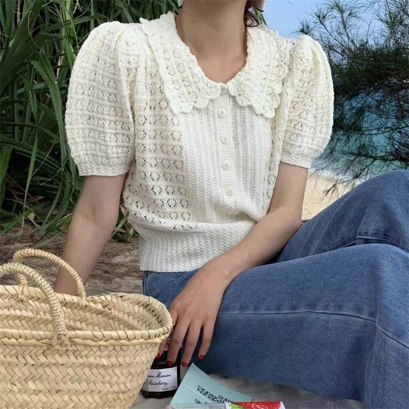 Short Sleeve Retro Knitted Peter Pan Collar Shirts