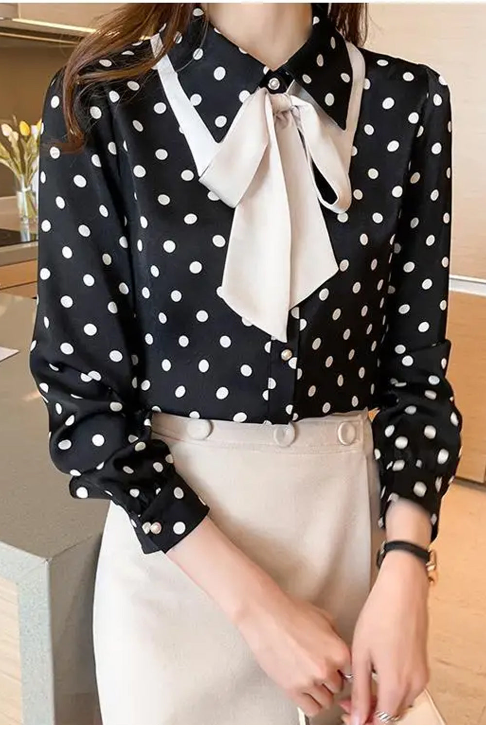 Long Sleeve Bow Style Polka Dot Pattern Blouse Shirt