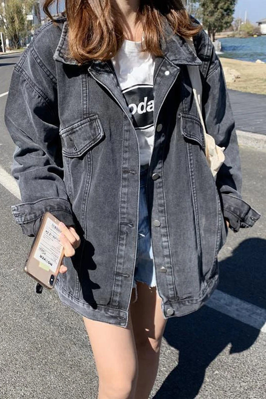 Loose Basic Black Denim Jeans Jacket