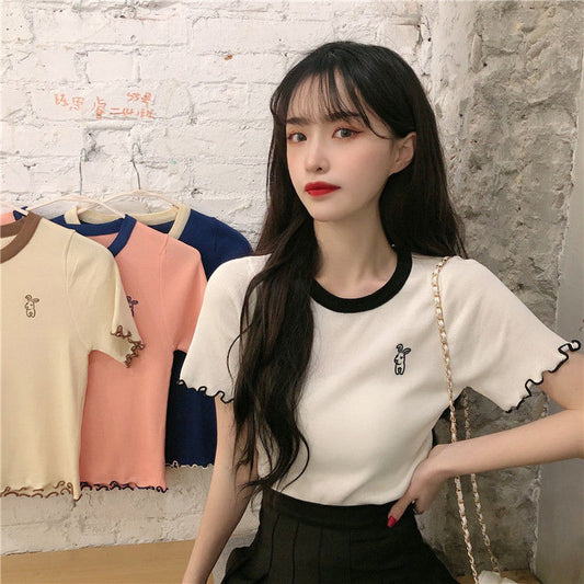 Cute Rabbit Embroidery Slim Shirt