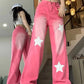 High Waist Stars Pattern Long Pink Jeans