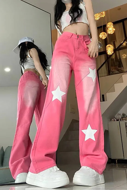 High Waist Stars Pattern Long Pink Jeans