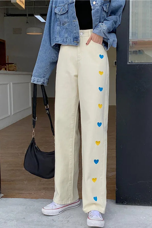 Colorful Heart Embroidered Apricot Jeans Pants