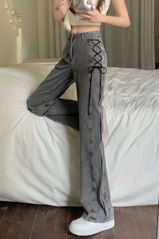 High Waist Side Lace Tie Grey Jeans Pants