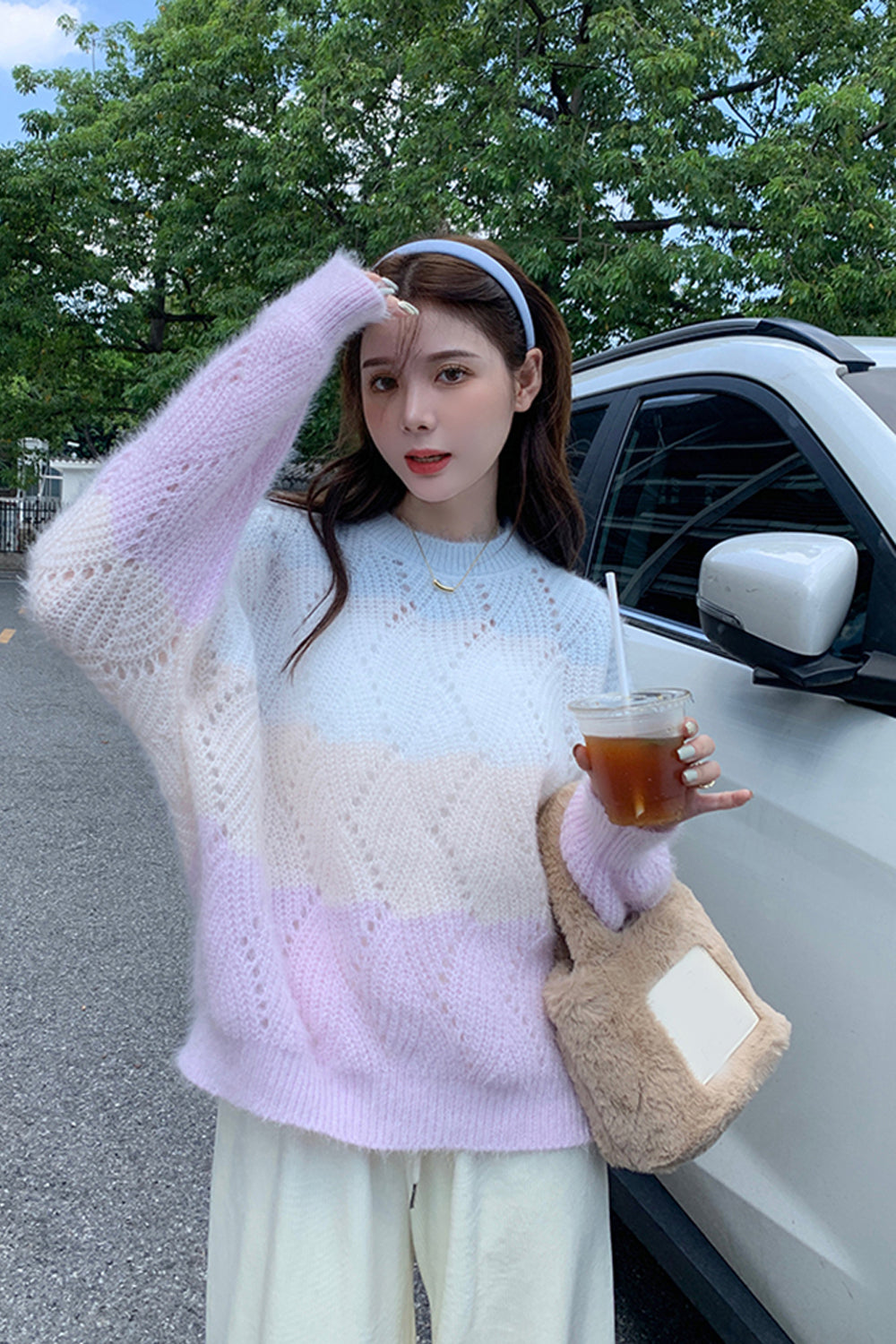 Long Sleeve Gradient Colors Hollow Out Sweater