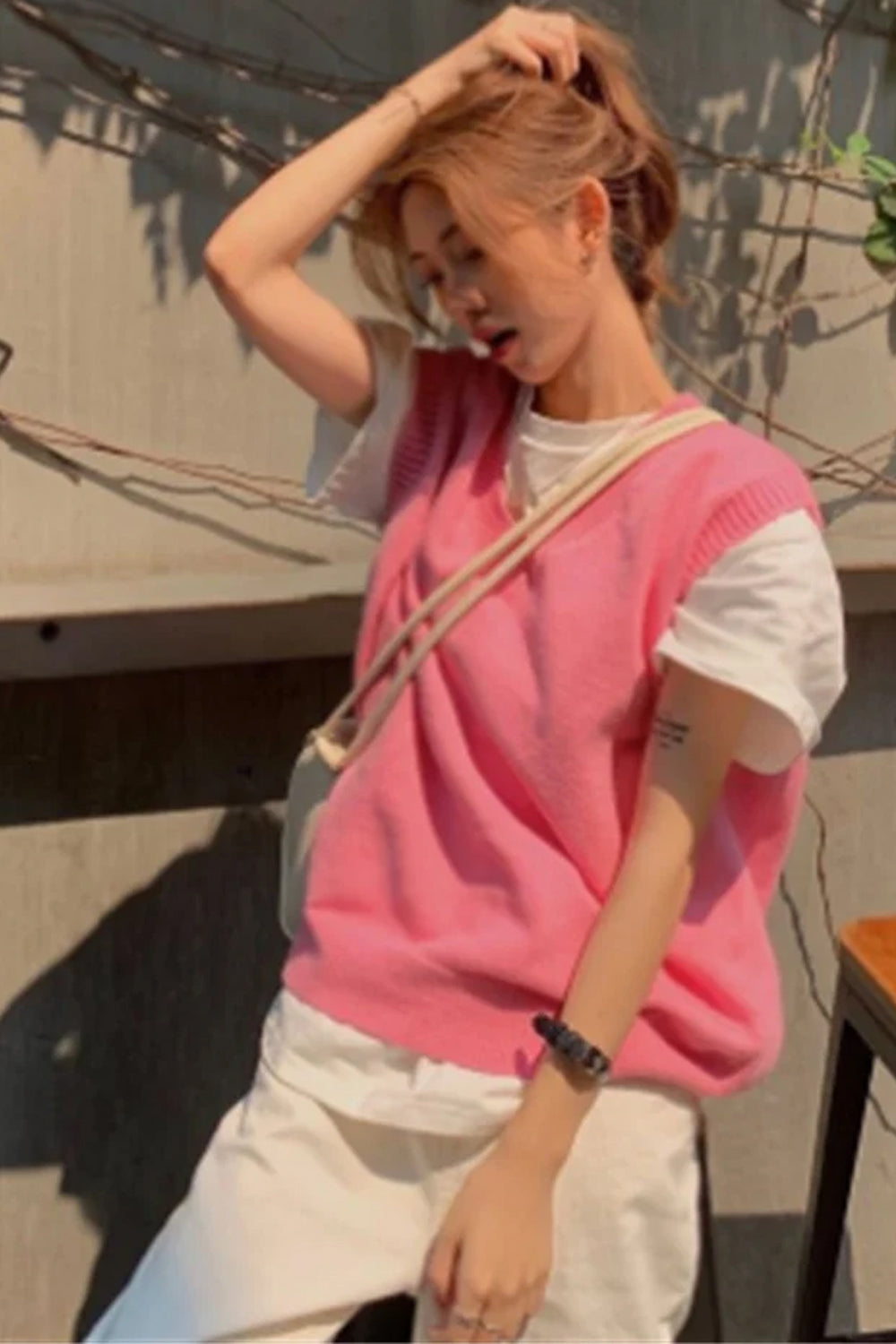 V-Neck Sleeveless Pink Vest Sweater