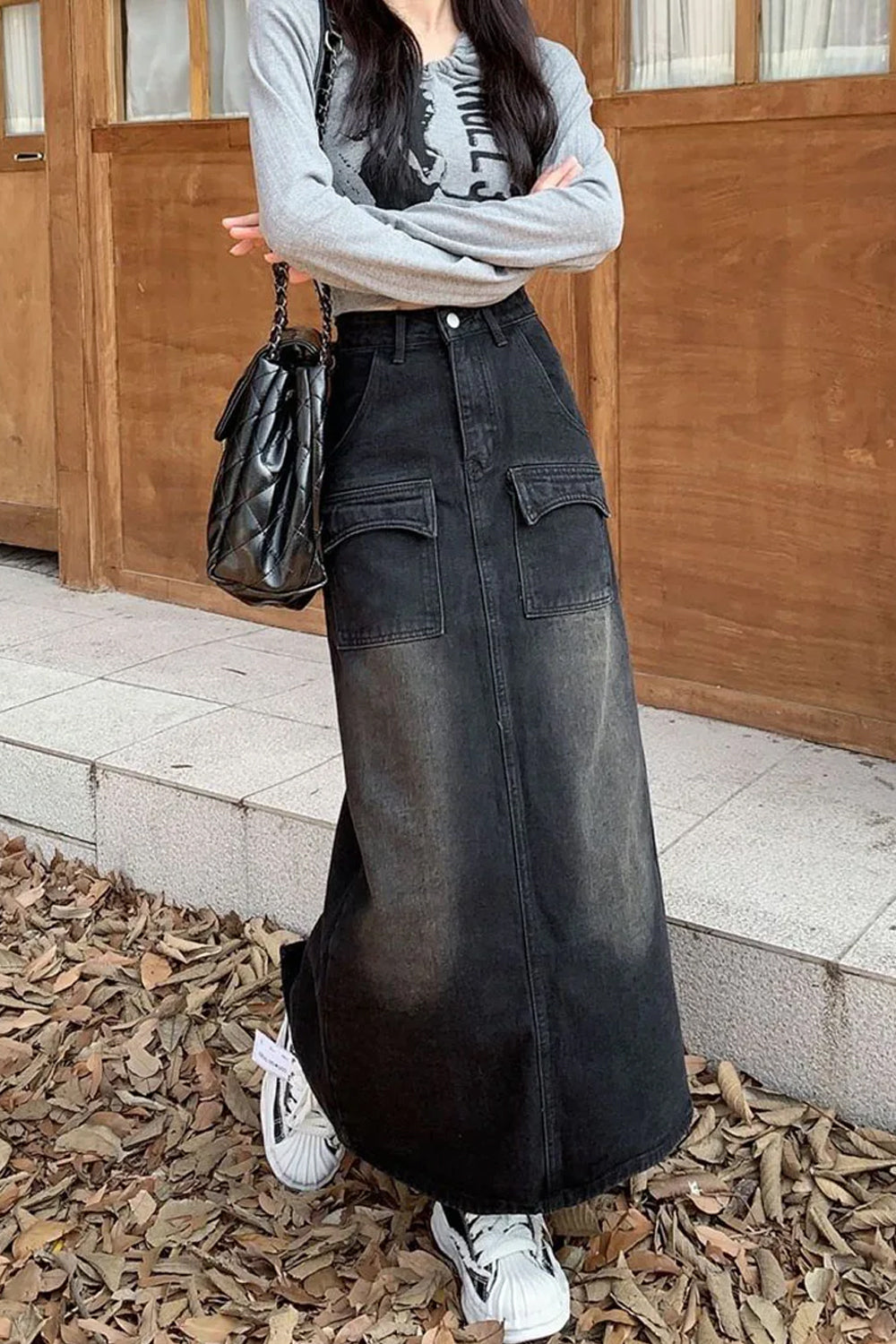 High Waist Vintage Black Denim Long Skirts